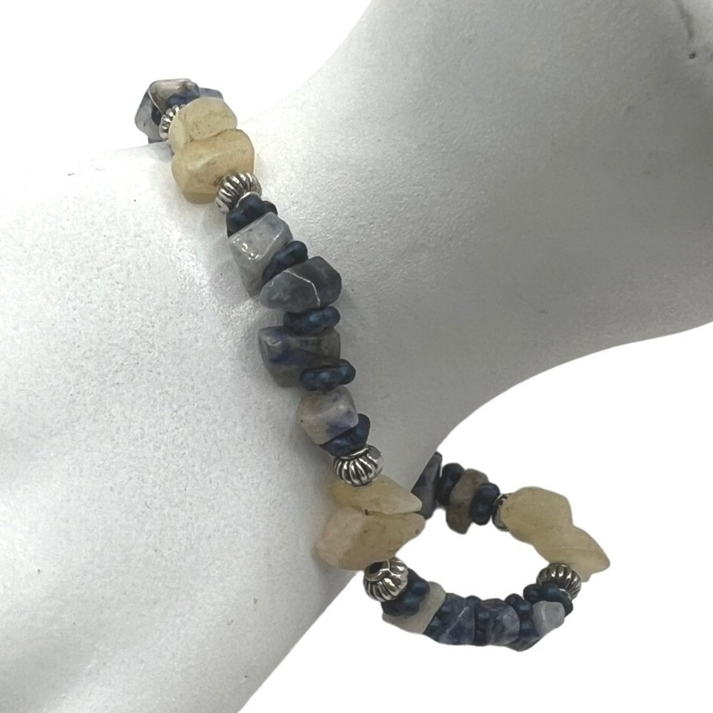Handmade Bracelet Blue White Stone Chips Silver Tone Beads